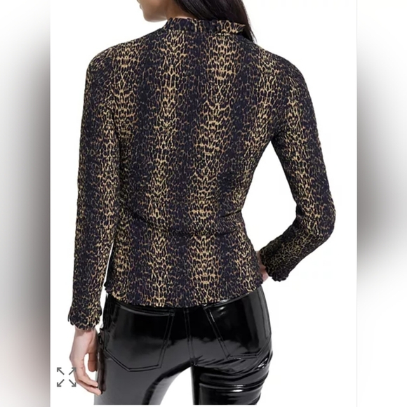 The Kooples Leo Print Long Sleeve Shirt With Ruffled Collar & Wrist- Black &Gold - Picture 5 of 10